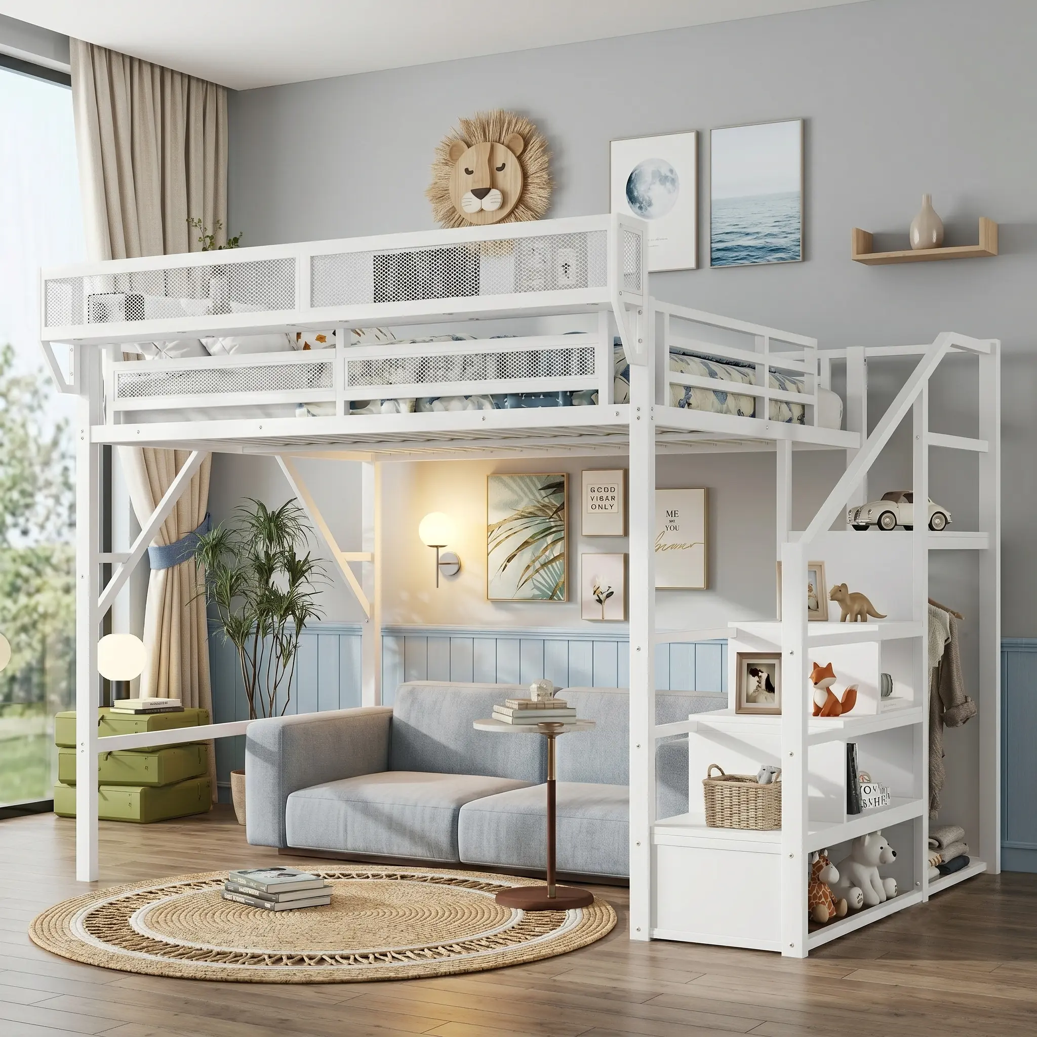 Eyisean Queen/Full Size Loft Bed Frame with Stairs and Storage, Metal Loft Frame with Bedside Shelf and Large Under- Space, DIY Staircase Left & Right Positions, Heavy-Duty Bed Frame for Adults, Teenager, Bedroom, Dormitory