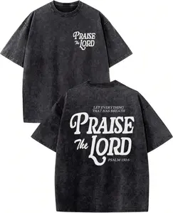 Vintage Praise The Lord Psalm 150:6 Old English Script Christian T-Shirt, Washed Black Cotton Oversized Short Sleeve Tee, Front Back Print Scripture Faith Crewneck Shirt