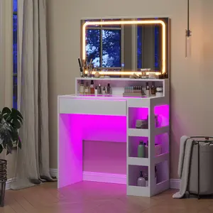 LED Lighted Makeup Vanity Bathroom Vanity with Mirrors Storage Shelves RGB Lighting Modern Decor Vanity Table Make Up Vanity Organizer Vanity Desk Dressing Table Cosmetic Vanity Makeup Station