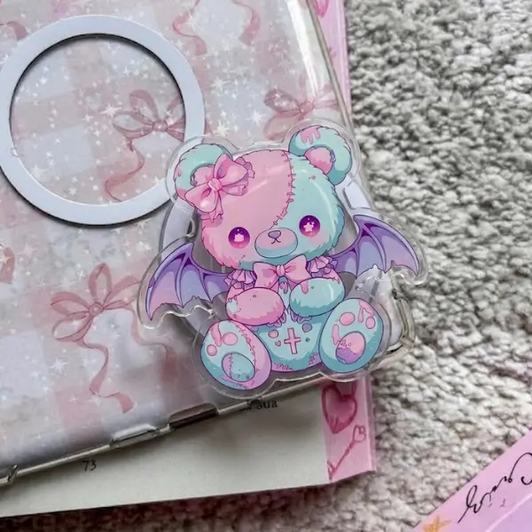 Pastel Goth Bat Teddy Phone Grip, Kawaii Spooky Bear Griptok, Cute Creepy Winged Teddy Phone Stand, Pink & Blue Aesthetic Accessory, Soft Goth Bear Gift for Her