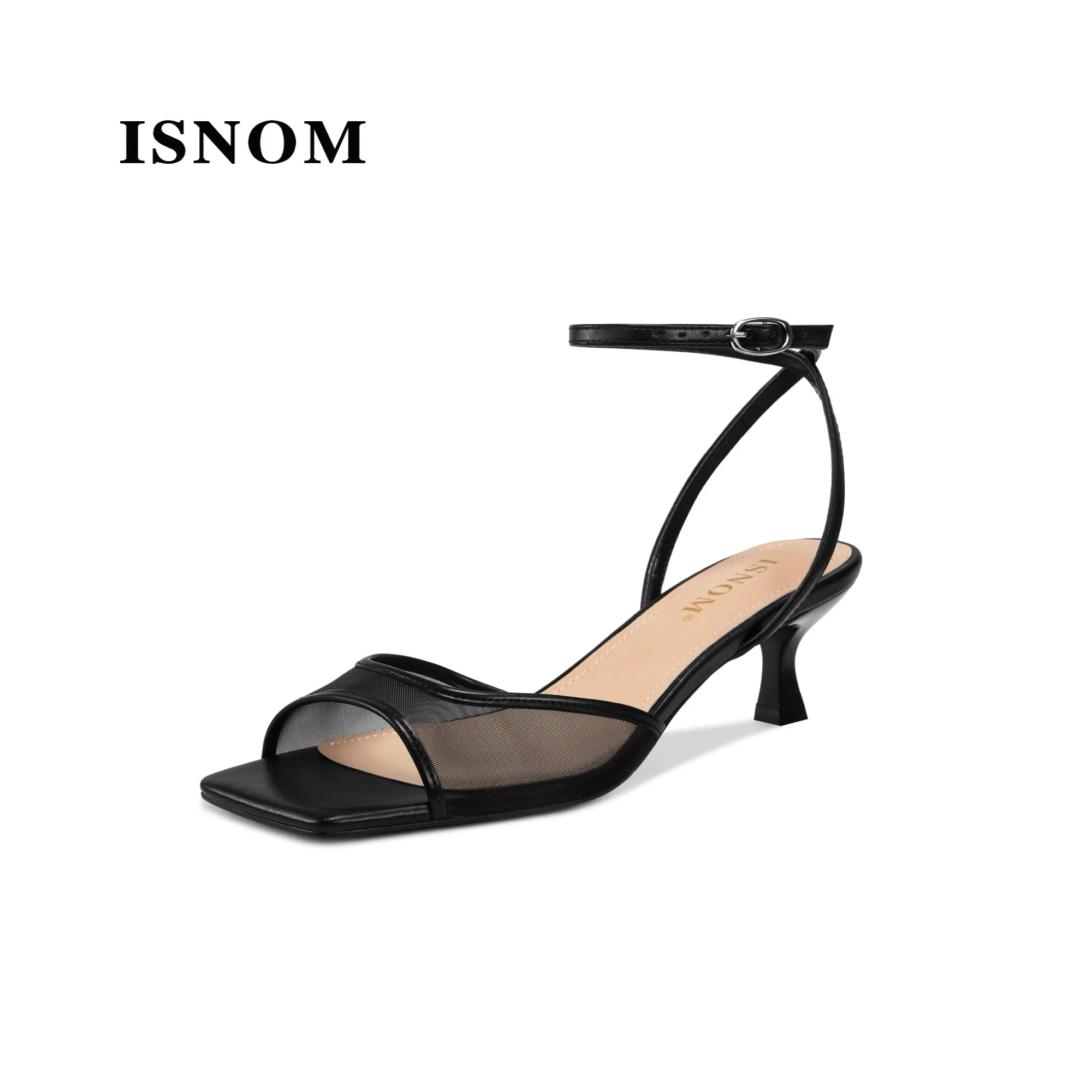 ISNOM Womens Mesh Kitten Heels Sandals Square Toe Ankle Buckle Strap Low Heels Comfort Summer Dress ISNOM Womens Mesh Kitten Heels Sandals Square Toe Ankle Buckle Strap Low Heels Comfort Summer Dress