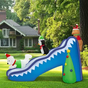 9 FT Christmas Inflatable Outdoor Decor - LED Light Up Reindeer, Penguin & Polar Bear Slide Scene Blow-Up for Yard Lawn Garden Party Decoration