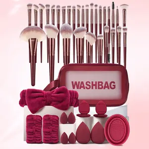 45PCS Makeup Tool Kit: 1 Waterproof Multi-Function Zipper Cosmetic Toiletry Bag + 30 Brushes + 2 Sponges + 4 Mini Sponges + 4 Mini Air Cushion Puffs + 1 Hairband + 2 Hand Bowl Straps + 1 Brush Cleaner, Set, Waterproof Bag
