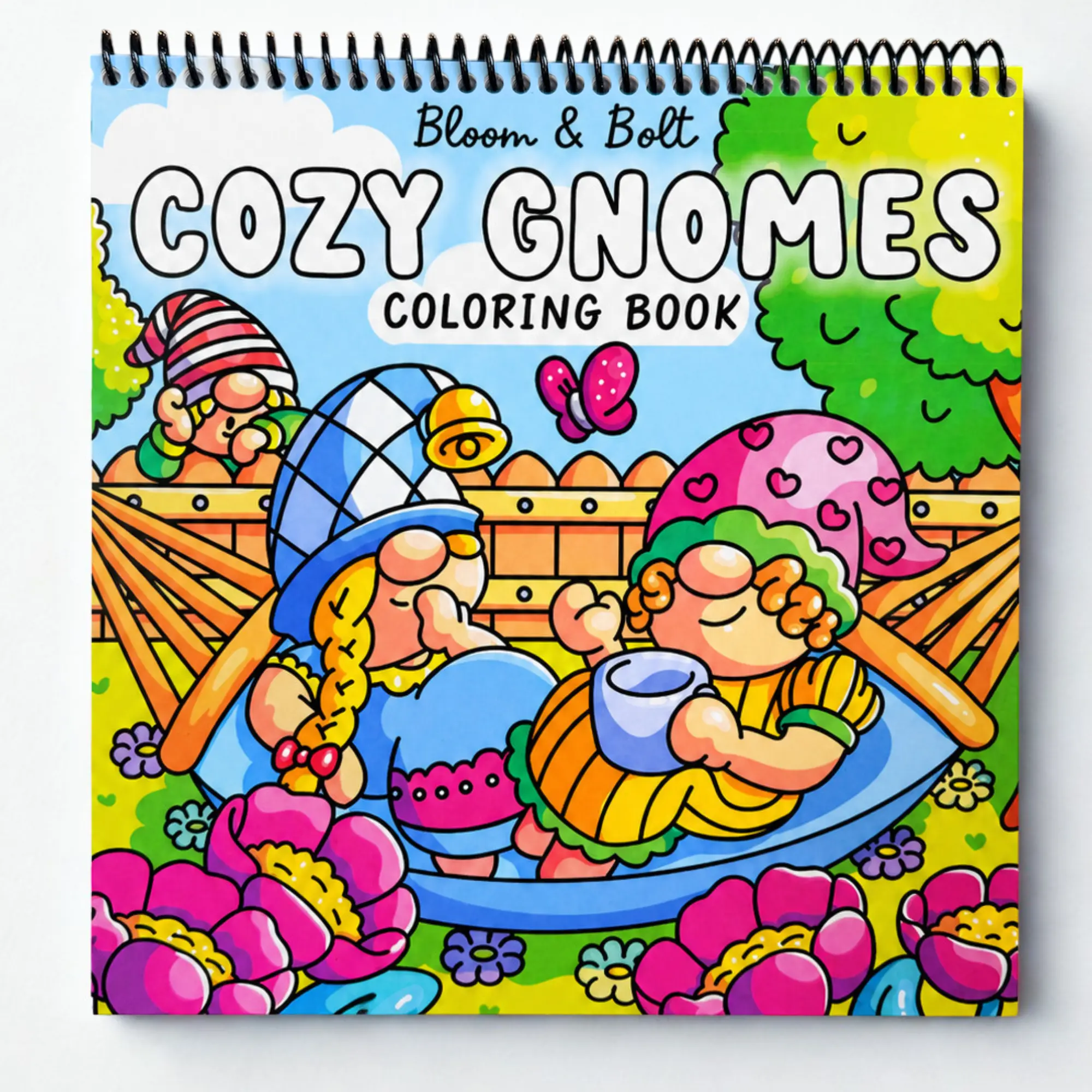 Bloom & Bolt Themed Cozy Gnomes Coloring Book - Spiral-Bound, Premium Thick Paper Pages, Water-Based Art Supplies for Adults, Teens, Cozy Hobby Lovers, Office Relaxation & Birthday Gifting