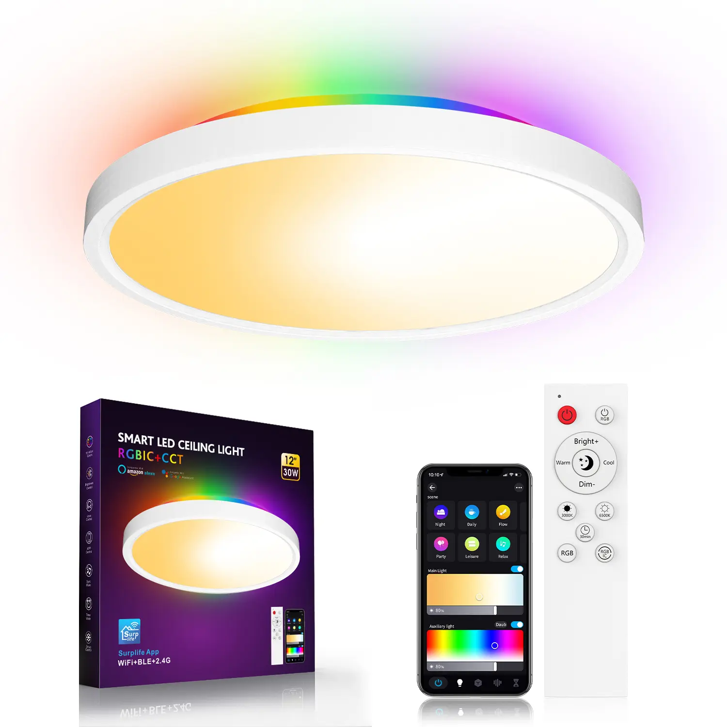 AmbiNest Smart Ceiling Light, RGBIC LED Ceiling Light Fixture, 2400LM Flush Mount Light Fixture, DIY Colors, Works with Alexa, 2700K-6500K Lights for Bedroom, Living Room,12 Inch, 1 Pack (White)