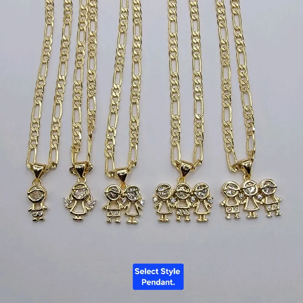 Beautiful Kids Pendants with clear Stones  Chains Figaro Link Diamont Cut 24 and 18 Inches 3.5 Millimeters Wide Laminated Gold. SKU: CH08, CH14,  KD01 to KD05
