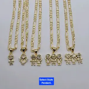 Beautiful Kids Pendants with clear Stones  Chains Figaro Link Diamont Cut 24 and 18 Inches 3.5 Millimeters Wide Laminated Gold. SKU: CH08, CH14,  KD01 to KD05