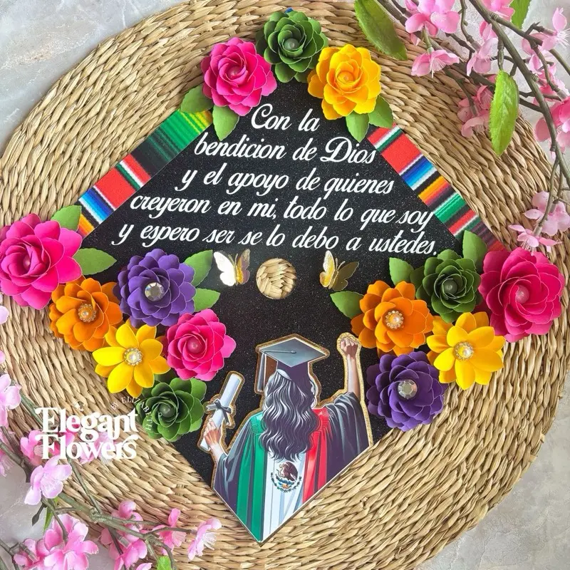 Custom Mexican Graduation Cap - Floral Design, Comfortable Party Hat Accessory - Plastic, Rubber Construction - Message for Custom Changes, Includes Masks