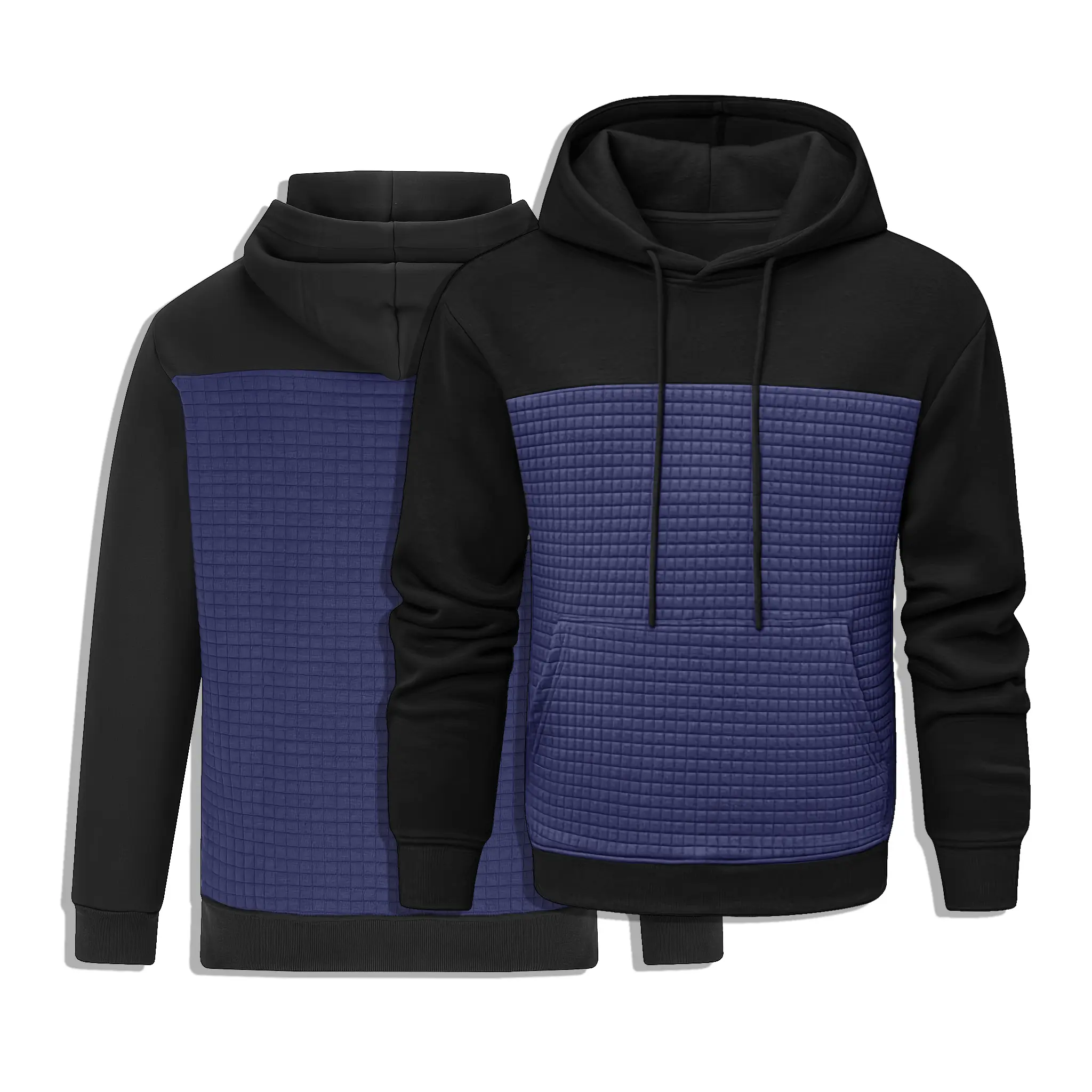 3 Color Black Base Waffle Grid Quilted Patchwork Drawstring Hoodie Unisex Oversized Drop Shoulder Heavy Warm Terry Knit Color Block Purple Gray Brown Minimal Campus Outdoor Street Casual Top