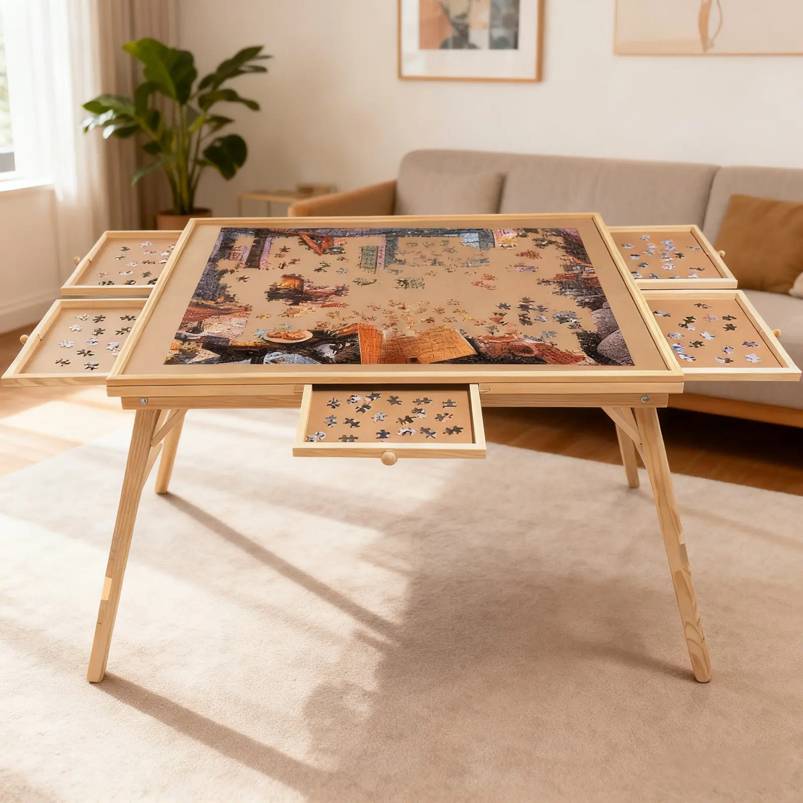 27" H Tall 1500 Piece Puzzle Table with Legs 5 Drawers 34" W x 26" D Large Wood Folding Jigsaw Puzzle Board for Adults Nature Design Pine