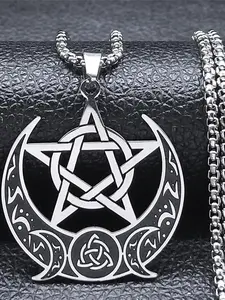 Witch Knot Pentagram Moon Goddess Necklace, Stainless Steel Wicca Crescent Moon Chain Collar, Fashion Jewelry Accessories for Women & Men, Cross Chain Design