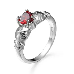 Claddagh Ring Promise Rings GF Copper Zircon Pomegranate Red Platinum Plated 3g Elegant Love Symbol Gift