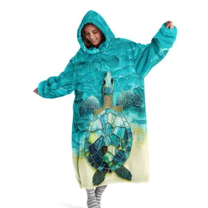 Hoodie blanket, wearable blanket, lake blue turtle print hooded wearable blanket, digital printed flannel blanket, soft and warm blanket suitable for sofa cover, Cozy Throw Blanket, air conditioning blanket, nap blanket, office bed, camping trip