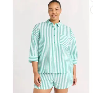 Joyspun Women's Woven ¾ Sleeve Notch Collar Top & Boxer Shorts Pajama Set in Green Stripes