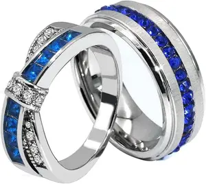Rings Couple Rings White and Blue Plated Titanium Steel 8mm Mens Wedding Band Blue Cz Womens Wedding Ring