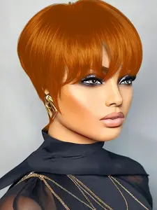 Short Straight Pixie Cut Wig Human Hair Full Machine Made Wig, Natural Black 99J Burgundy 4# Brown, Fashion Short Pixie Wig for Ladies Daily Casual Use