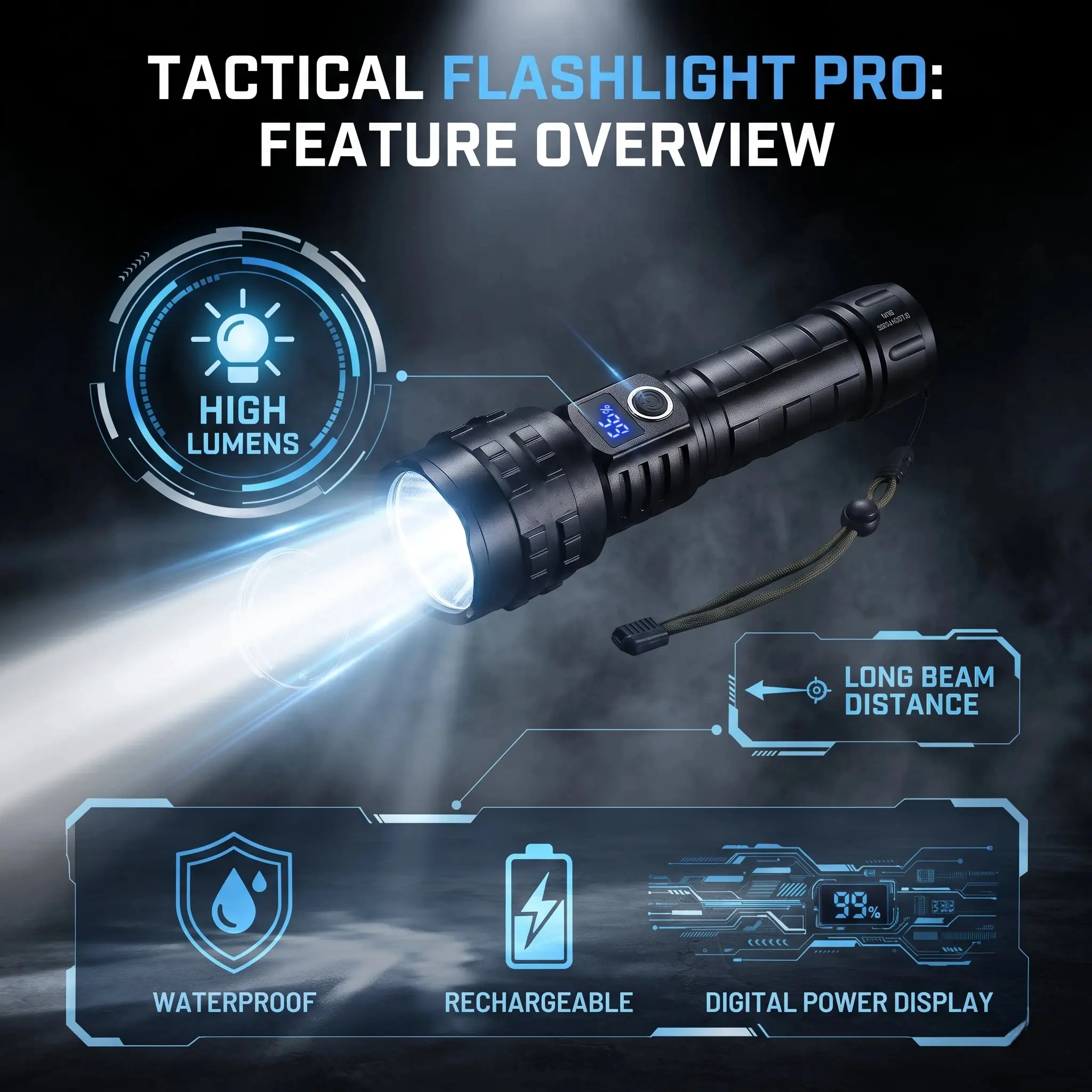 Pro Tactical Rechargeable Flashlight - High Lumens, Digital Power Display, Long-Distance Beam, Waterproof for Camping, Hiking, Emergency Use