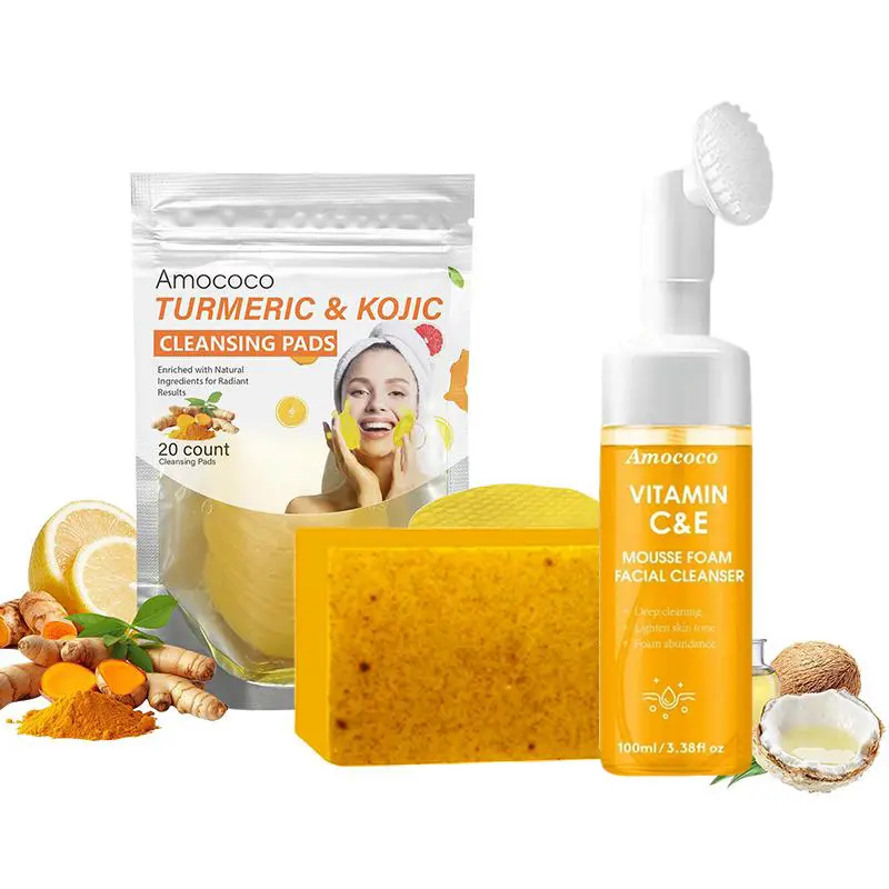 Turmeric Washing and Care Three-piece Set, Turmeric Tablets, Turmeric Cleansing Mousse, Turmeric Soap, Facial Cleansing and Skincare Set
