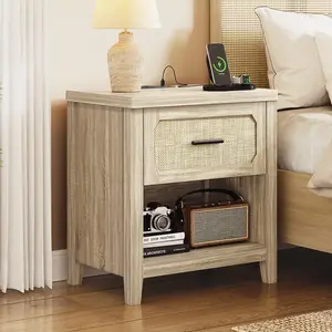 Sikaic 22 inch Rattan Nightstand with Charging Station, Boho Night Stand End Side Table with Drawer & Open Shelf for Bedroom, Grey Oak summergarden