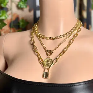 Gold Layered Statement Necklace Set – Chunky Chain Coin Pendant Lock Necklace for Women