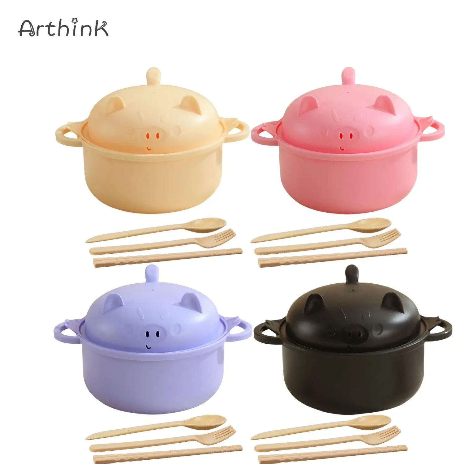 Arthink Portable Lightweight Microwave Ramen Cooking Tableware Set - Ergonomic Pig-Design Bowl with Handle, Cutlery (Spoon, Chopsticks), Drain Function for College Dorm Room, Child Gift (Convenience Value Pack)