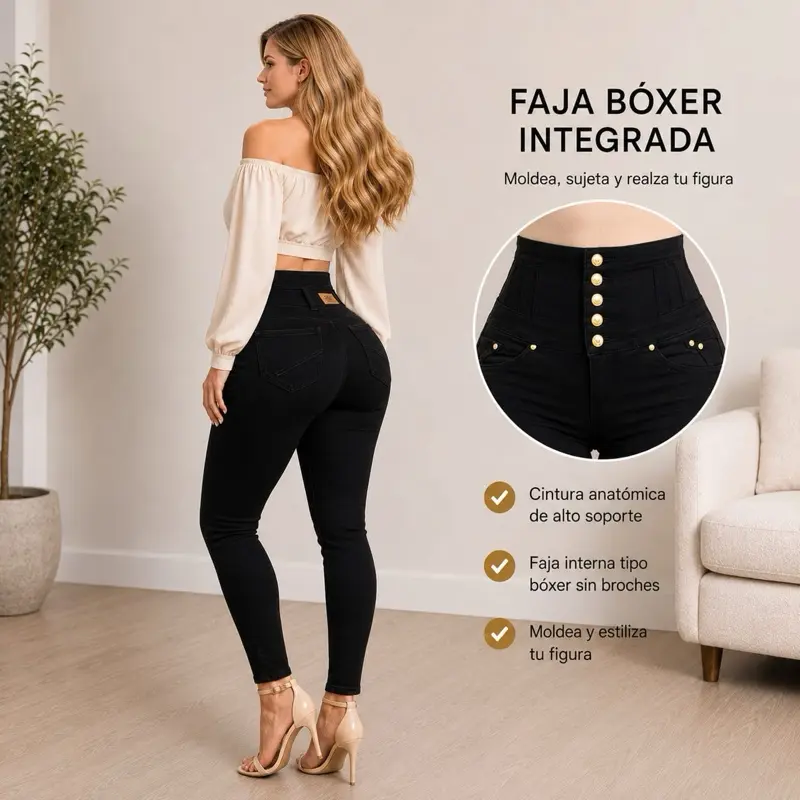 Ref 2511 tono Negro  faja boxer  de 6 botones  con bolsa efecto pus-up realce Natural Fit Style Everyday Bottom Jean Black Denim