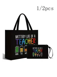 Teacher Appreciation Gift Bag, Large Capacity Fashion Handbag, Tote Bags, Fashionable Casual Bag, Printed 'endurance of Teachers,' Includes Makeup Pouch, Ideal for Educators