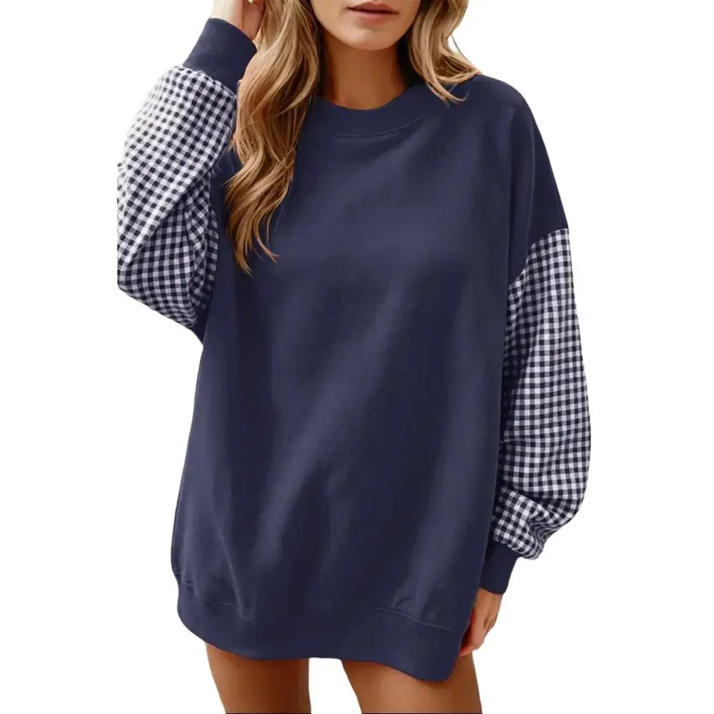 EncoLax Women Casual Long Sleeve Pullover Tops, Loose Fit Crew Neck Color Block Plaid Patchwork Sweatshirt