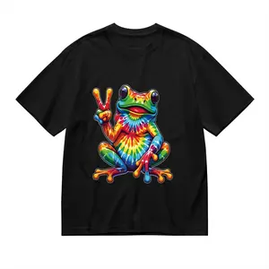 Plus Size, Women'S Tie-Dye Frog Graphic T-Shirt - Soft Round Neck Relaxed Fit Short Sleeve Tee with Rainbow Frog & Peace Sign Print, Breathable Semi-Sheer Casual Top for Casual Attire, Machine Washabl