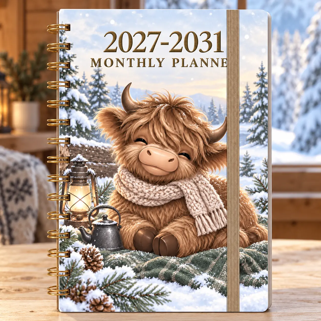 Highland Cow 5-Year Monthly Planner 2027–2031, A5 Hard Cover Planner with 60 Dated Months, Thick Paper, Gold Twin-Wire Binding and Elastic Closure, Cozy Winter Design
