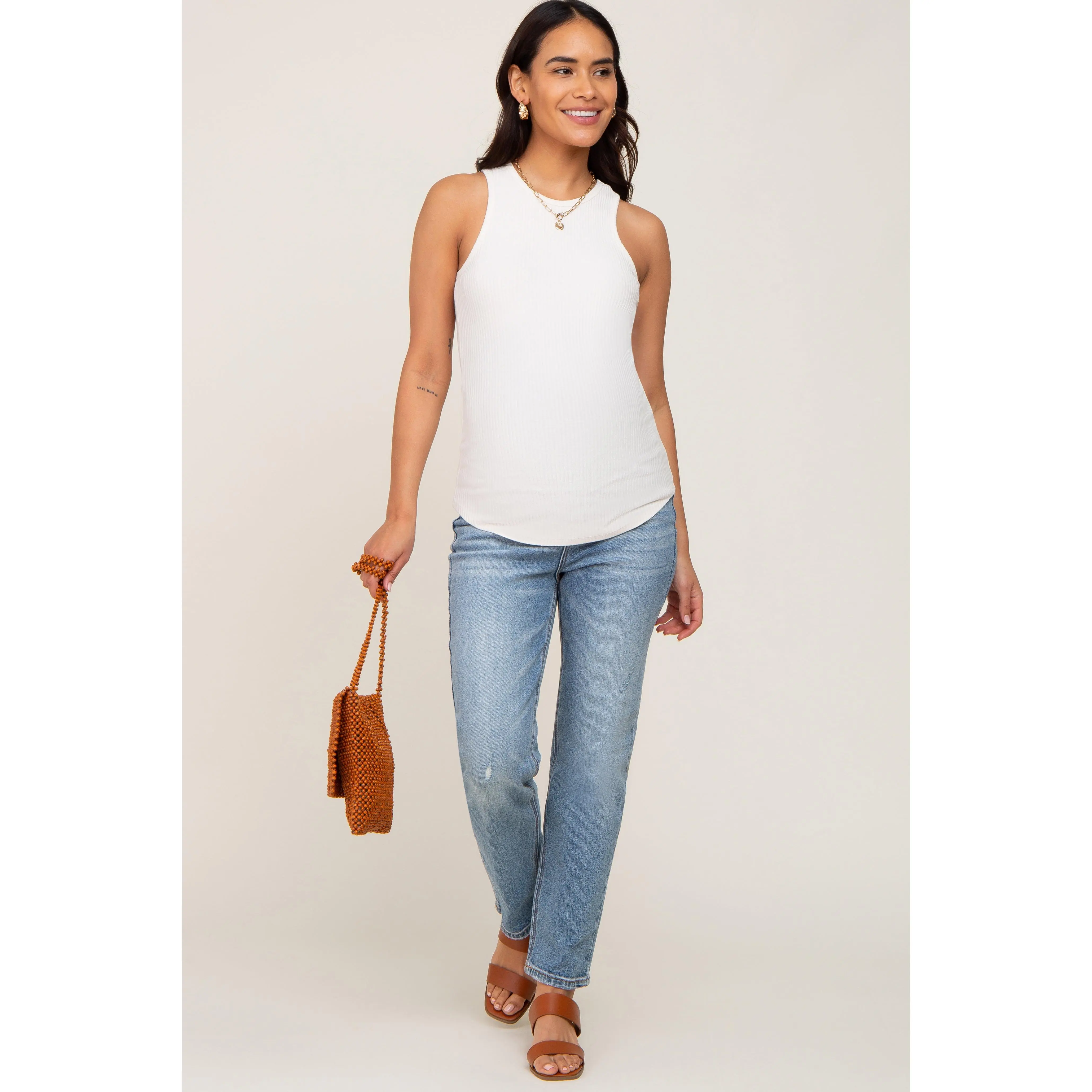 Medium Wash Maternity Jeans, Distressed Straight Leg Denim with a Full Panel Belly Band - Maternity Clothing, Pregnancy Maternity Clothing & Accessories