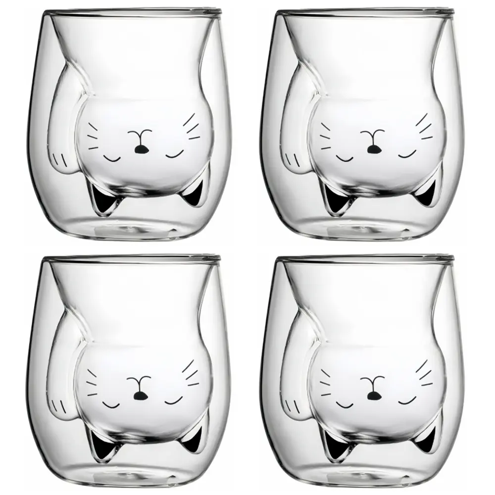 Cute Cat Espresso Cups Set 4 Pack - Clear Double Wall Insulated Mugs for Coffee & Espresso - Heat Resistant & Easy to Clean - Perfect for Home Office & Gifts - Drinkware Stock Up On Specials Stockpile VALUE Pack TikTokShopBlackFriday Christmas Gift