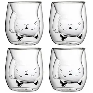 Cute Cat Espresso Cups Set 4 Pack - Clear Double Wall Insulated Mugs for Coffee & Espresso - Heat Resistant & Easy to Clean - Perfect for Home Office & Gifts - Drinkware Stock Up On Specials Stockpile VALUE Pack TikTokShopBlackFriday Christmas Gift
