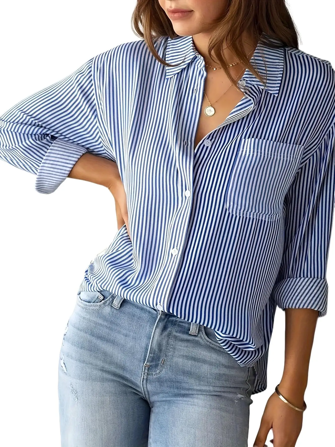 【Modest Fashion】Women's Striped Print Button Front Shirt, Casual Lady Fitted Long Sleeve Collar Top with Pocket, Fashion All Season Daily Wear