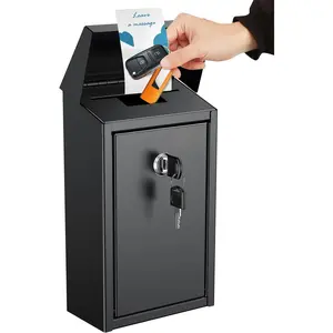 Black Metal Donation Box Wall Mounted Mailbox with Top Slot, Collection Box with Key Lock, Safe Suggestion Box, Key Drop Box for Outside, Steel  Drop Box for  Office and Business