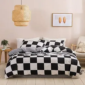 Black and White Buffalo Plaid Checkered Geometric Grid Comforter Cover Full for Men Farmhouse Gingham Duvet Cover Lattice Quilt Cover 2 Pillow Cases