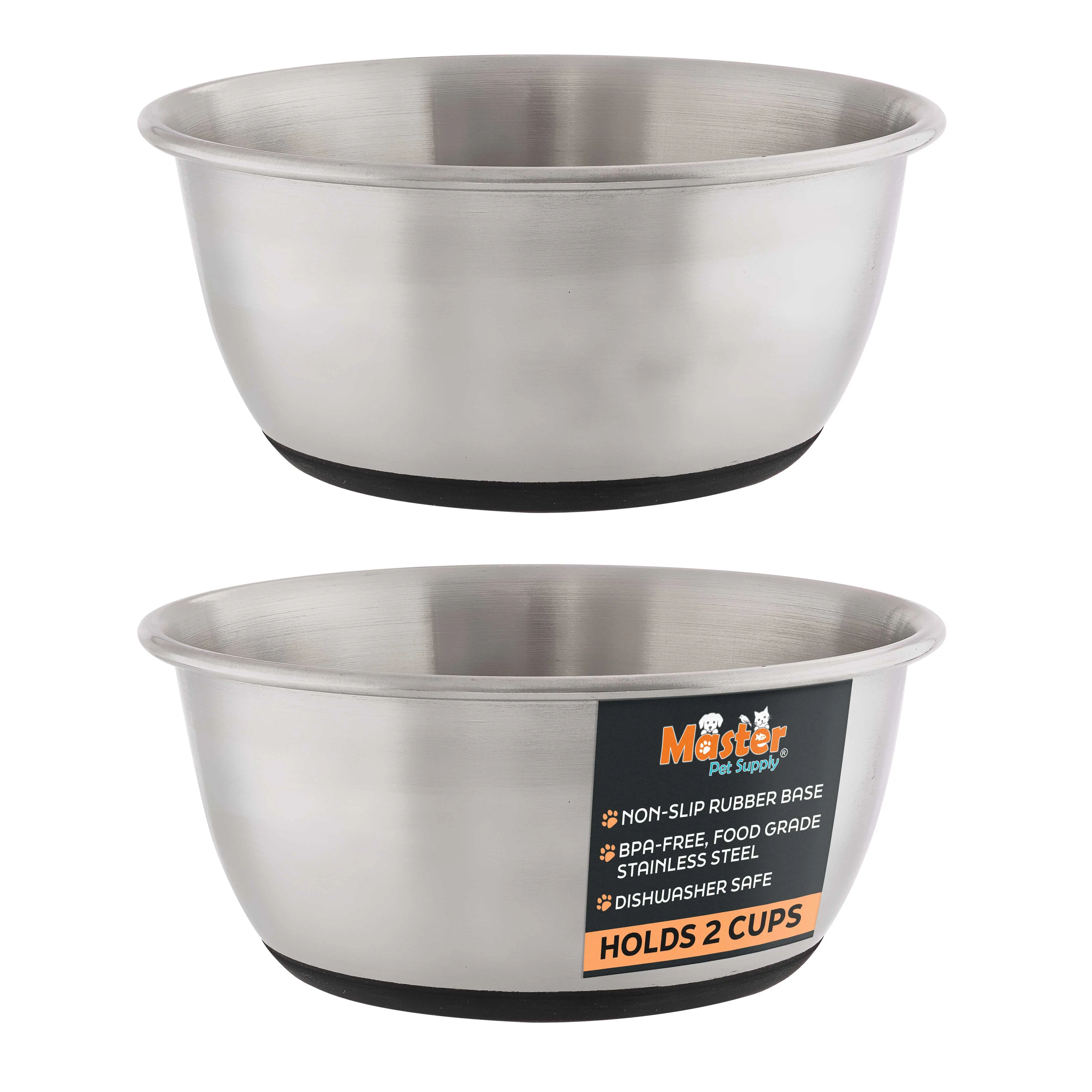 Stainless Steel Basic Pet Bowl with Anti Skid Full Rubber Base (Pack of 2)
