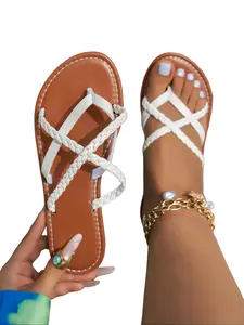 Women's Woven Texture Leather Flat Sandals, Casual Low-Band Thong Slip-On Open Toe Slides for Summer Vacations, Everyday Stylish Footwear, White