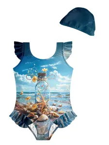 Fresh Drift Bottle, Starfish & Seashell Print Kids One-Piece Swimsuit with Swim Cap, Girls' Ruffle Sleeve Swim Set