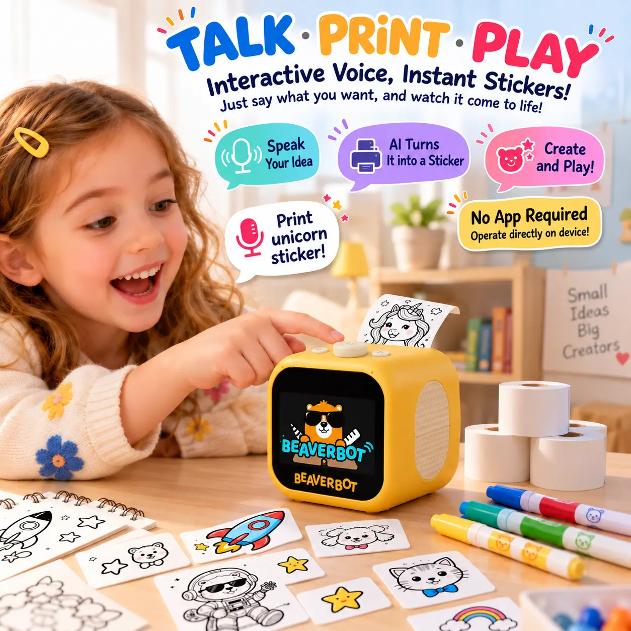 BeaverBot AI Mini Thermal Printer for Kids 5+, Voice-Activated Inkless DIY Craft Maker, Custom Designs, Child-Safe, Includes 3 Paper Rolls & 4 Colored Pencils