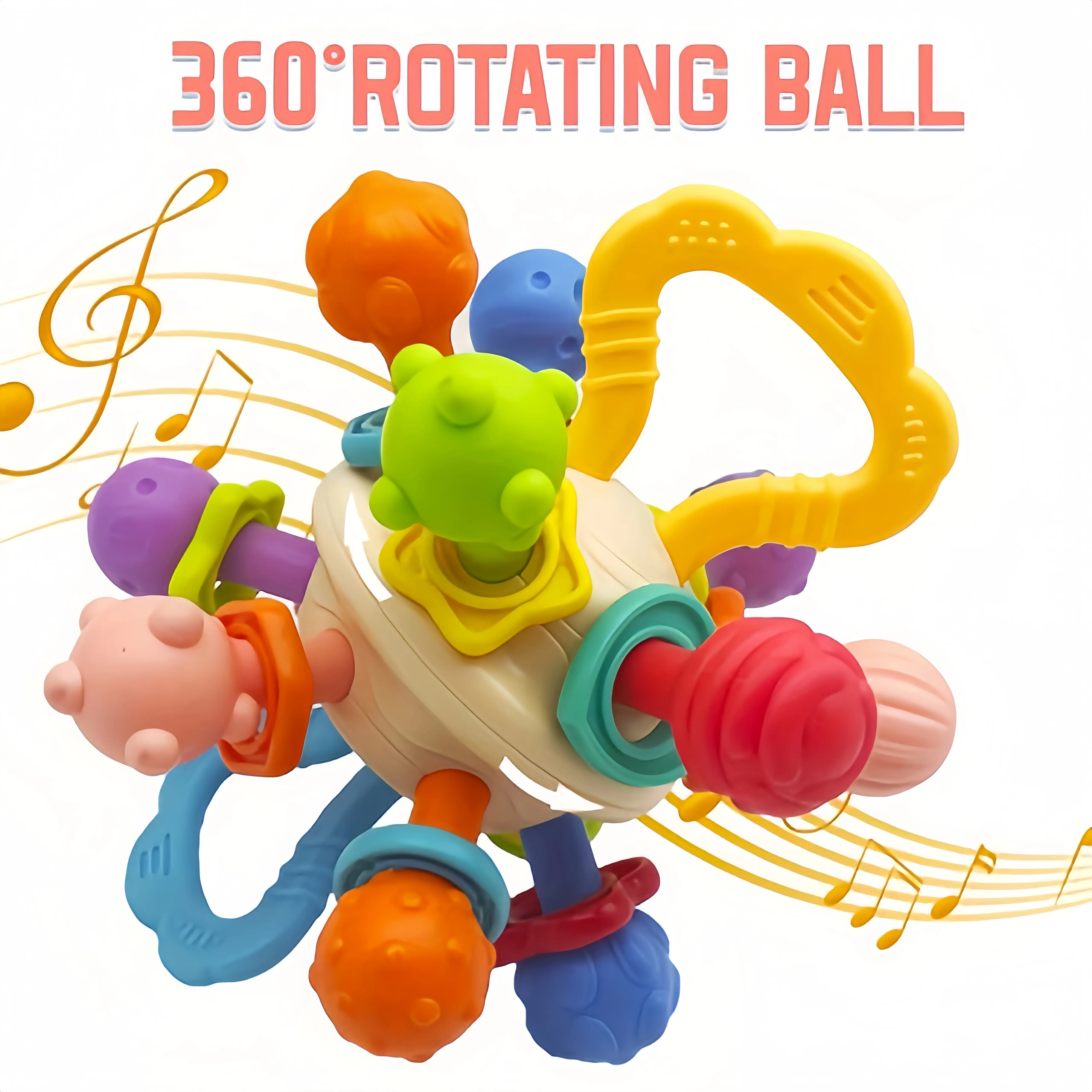 Unisex Baby Manhattan Silicone Teething Rattle Ball Toy - Multicolor, Click Sound, 360° Rotating, Sensory Play, Teeth Soothing, Infant Early Developmental Toy, Newborn Shower Gift for 0-12mths