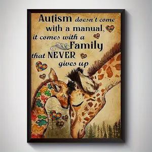 1pc Inspirational Autism Awareness Canvas Art Print - Giraffe Family Love & Support Motivational Wall Decor for Living Room, Bedroom, Bathroom - Frameless Canvas Poster 12x16 inches - Home & Office Wall Art