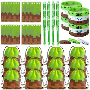 Miner Game Party Favors, Pixel Party Supplies, Pixel Theme Birthday Party Goodie Bag Stuffers, Include Drawstring Bags Notebook Silicone Bracelet Highlighter.