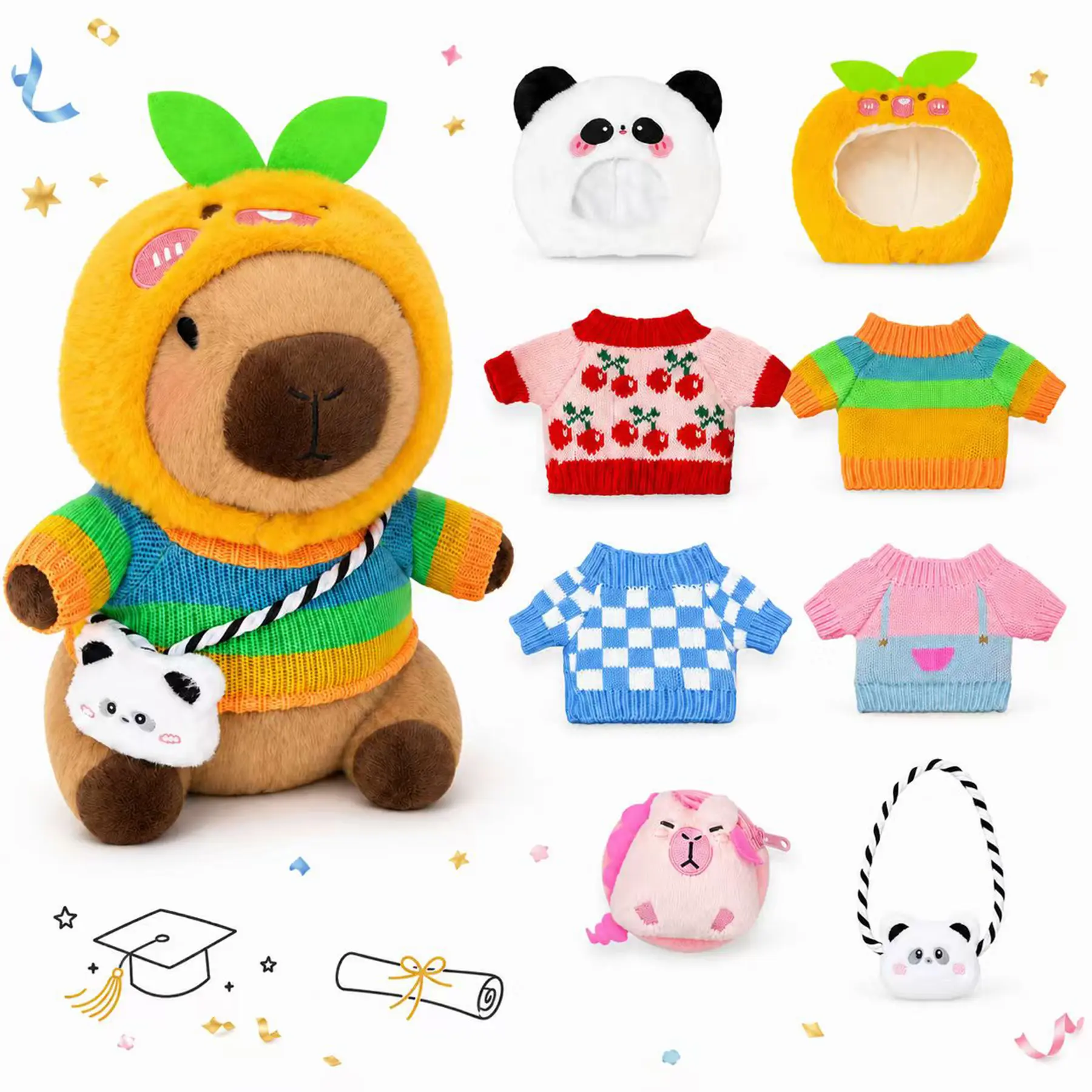 kawaii Capybara furry friends comfy Plush with 8 Clothes & Accessories, 10.2 Inch  soft huggable animals plushie toy ,  Birthday Graduation easter Christmas party decoration birthday gift kid room decor father day Gift perfect valentine girlygifts