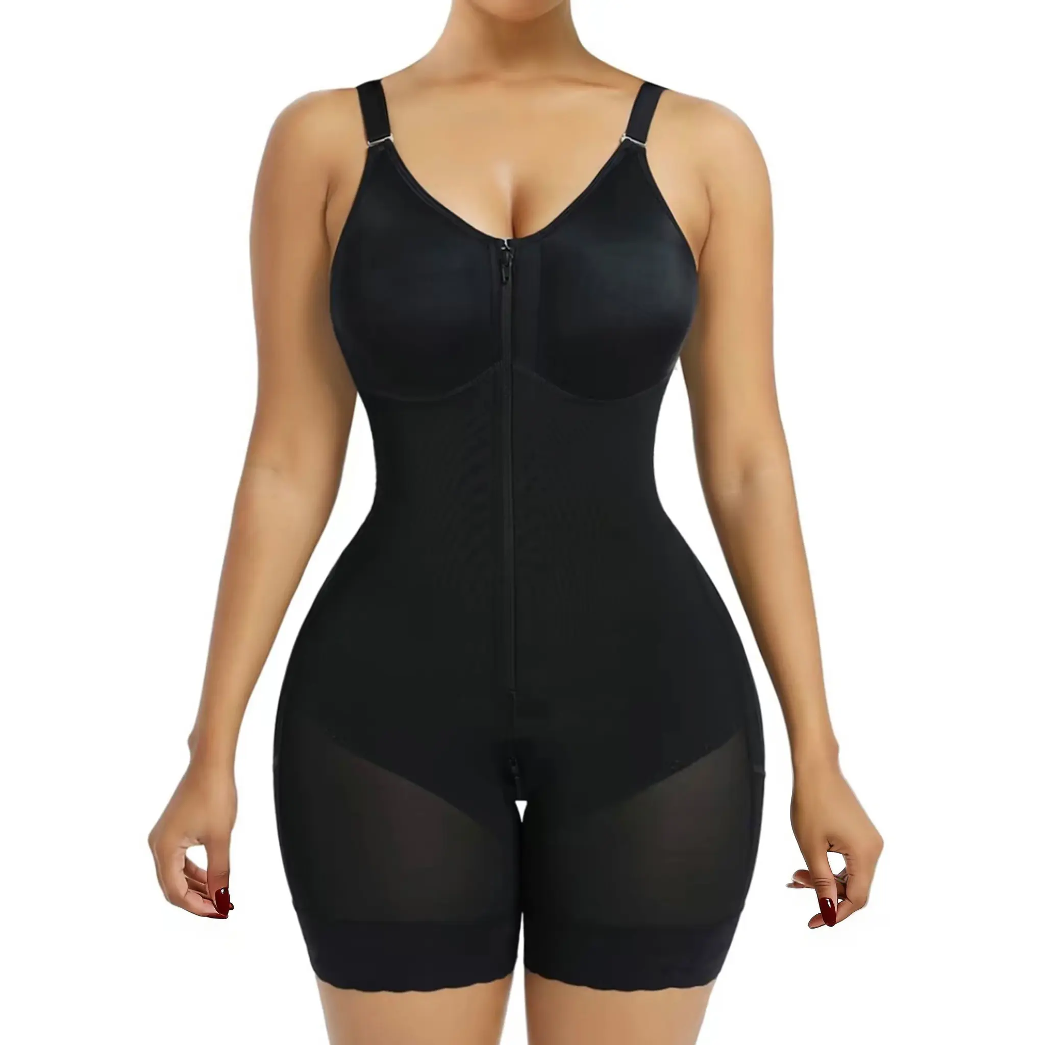 Women's Minimalist V-Neck Solid Color Compression Full Body Shaper Jumpsuit - Tummy Control, Butt Lifting, Adjustable Shoulder Straps, Zipper-Hook Closure, Convenient Zipper Gusset Crotch, Activewear, Sportswear, Suitable for Daily Wear & Training, Sports
