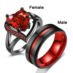 Stainless Steel Luxury Couple Rings Set - Romantic Heart Design With Synthetic Rhinestones, Bronze Finish, Stainless Steel Rings