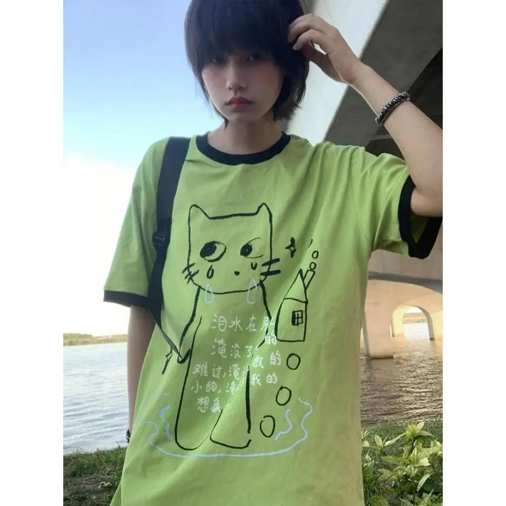 Y2k Aesthetics T-shirt Women Japanese Harajuku Grunge Cartoon Print Tops E-girl Fairycore Contrast Color Cute Graphic T Shirt