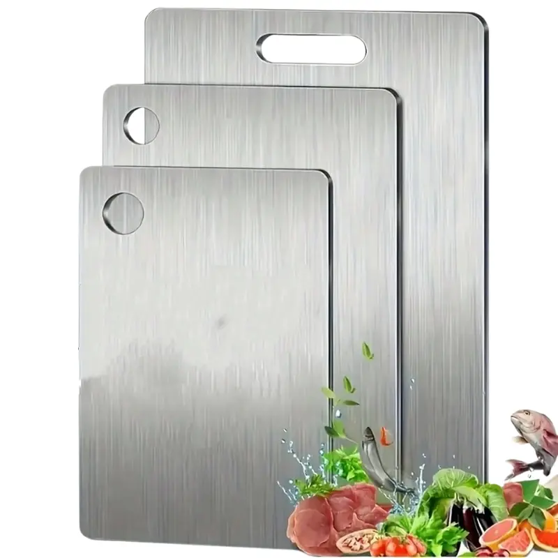 Food-Safe 3-Piece 304 Stainless Steel Chopping Board Set (S+M+L) - Square, Flat-Edged, Dishwasher-Safe Kitchen Tools for Chop, Slice, Prep with Ease + Cutting Board Knives