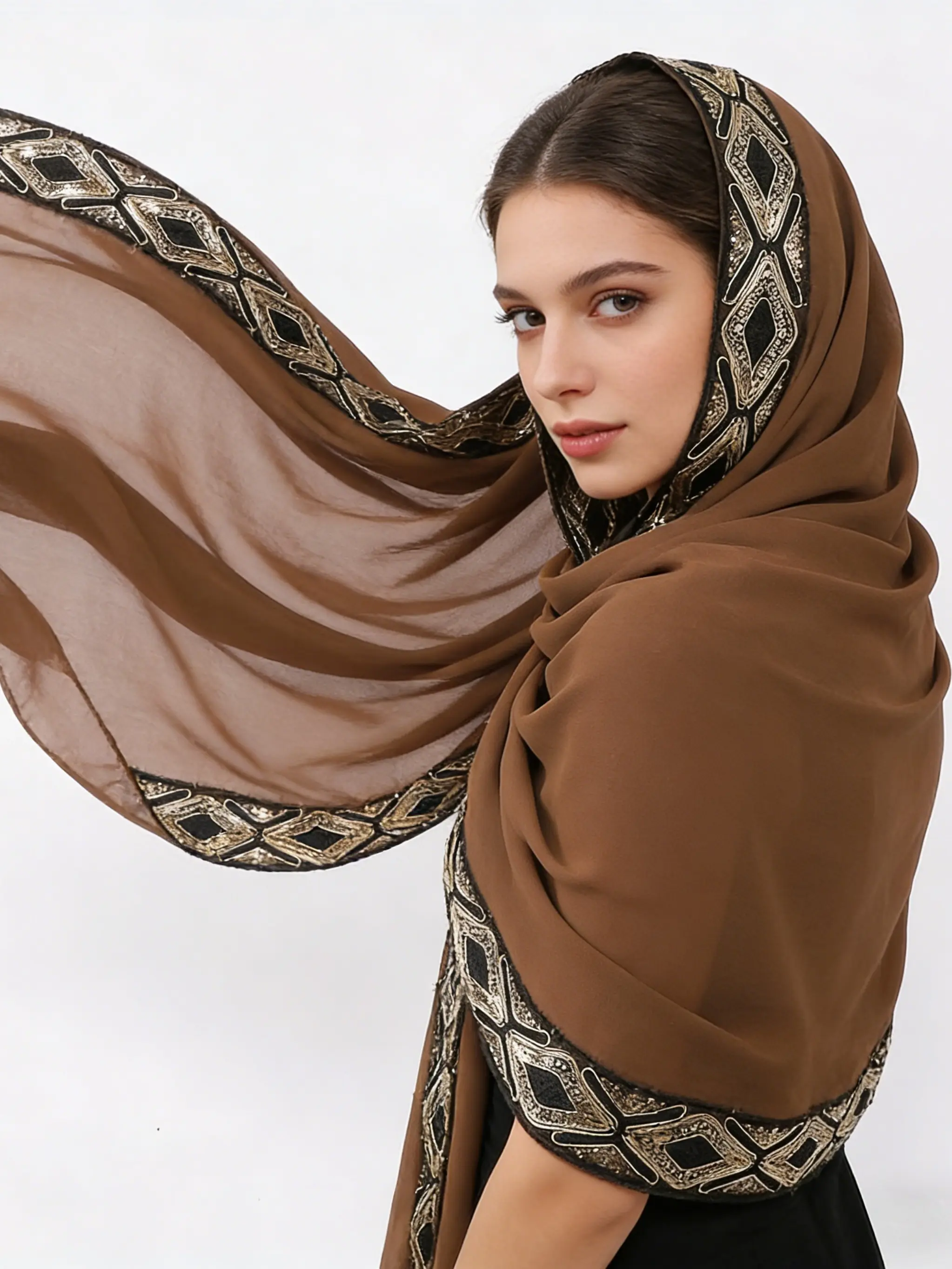 Women's Pure Color Heavy Embroidery Sequins Lace Scarf, Elegant Rhombus Graceful Edge Design, Perfect Accessory for Stylish Turban Hijab, For Muslim