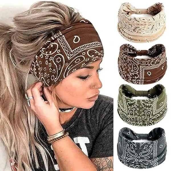 Boho Headbands For Women Fashion Stretch Wide Hair Bands Knoted Turban Head Bands Yoga Running Sweatband Elastic Headband Stylish Wrap Headbands Hair Accessories for Teen Girls 4 Pack